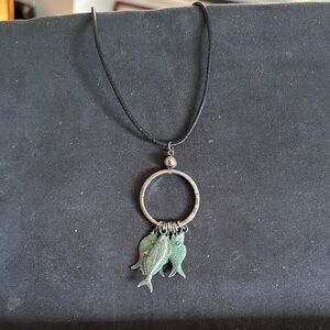 Black Cord Necklace with Silver Ring and Green Fish Charms